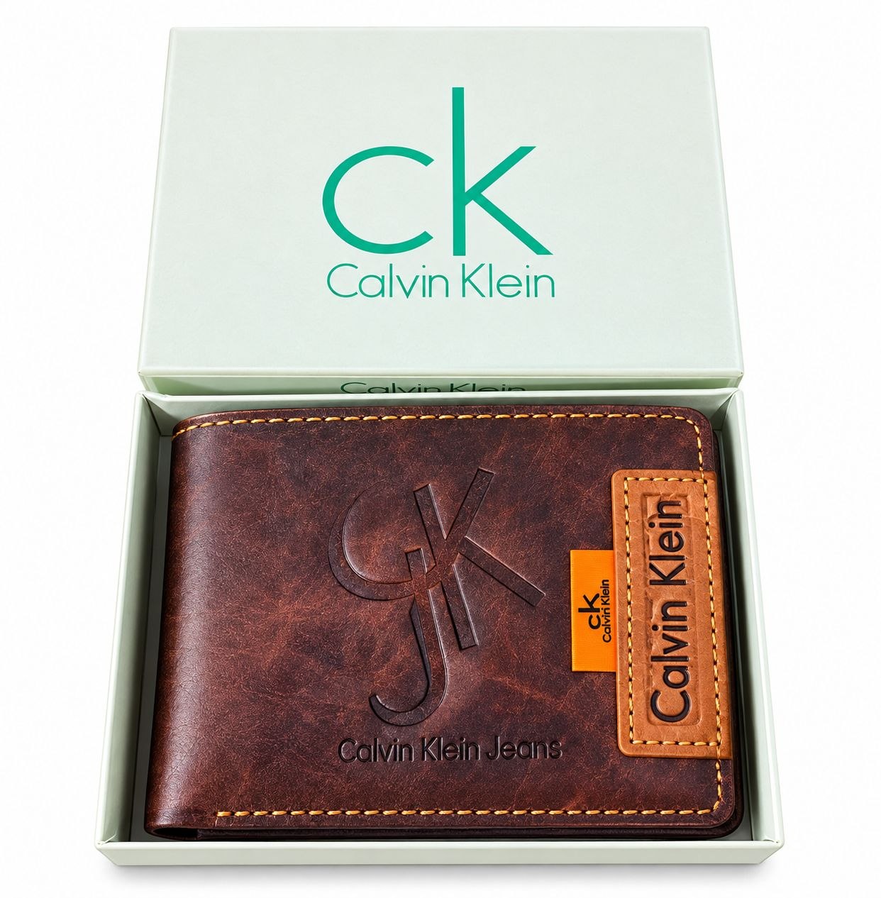 Premium Calvin Klein Style Men’s Brown Bi-Fold Wallet with Gift Box