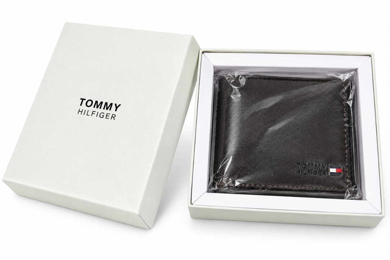 Premium Tommy Hilfiger Style Men’s Black Bi-Fold Wallet with Gift Box