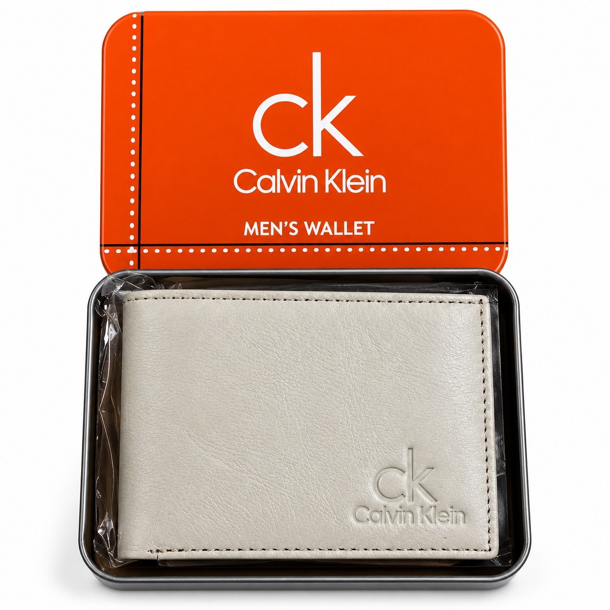 Premium White Textured Men’s Bi-Fold Wallet with Metal Gift Tin